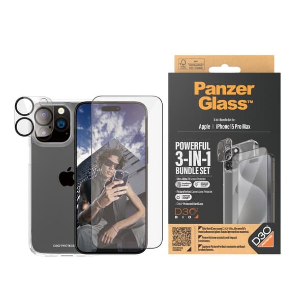 PanzerGlass™ 3-in-1 Set iPhone 15 Pro Max - Apple - Apple - iPhone 15 Pro Max - Kuivasovellus - Iskunkestävä - Läpinäkyvä - 1 kpl (B1175+2812)