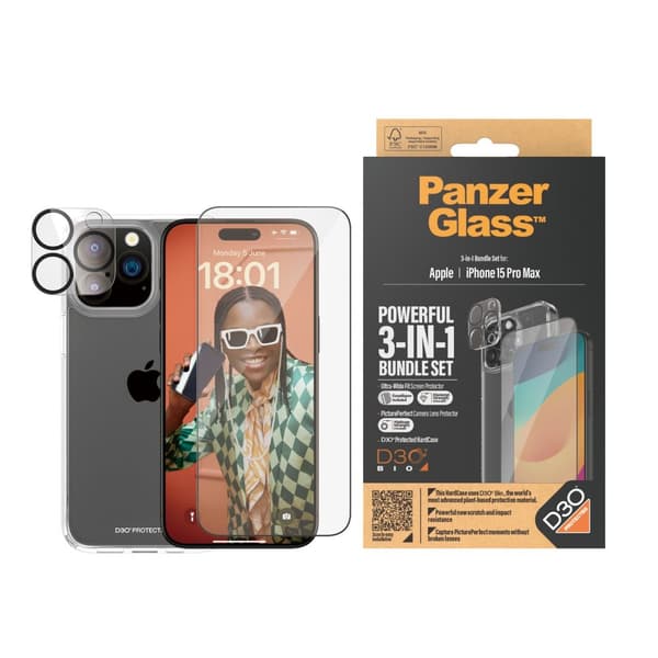 PanzerGlass™ 3-in-1 Set iPhone 15 Pro Max - Apple - Apple - iPhone 15 Pro Max - Kuivasovellus - Iskunkestävä - Läpinäkyvä - 1 kpl (B1175+2812)