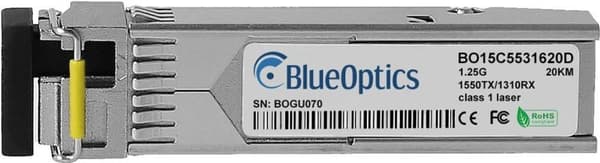Juniper SFP-1GT15R13BX10-I-kompatibel BlueOptics© SFP Bidi-sändtagare för enkelläges Gigabit höghastighetsdataöverföringar i fiberoptiska nätverk. Stö