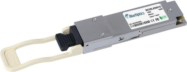 Evertz Scorpion QSFP25G-MM-M kompatibel BlueOptics© QSFP28 transceiver för multimode 100 gigabit höghastighetsdataöverföringar i fiberoptiska nätverk.