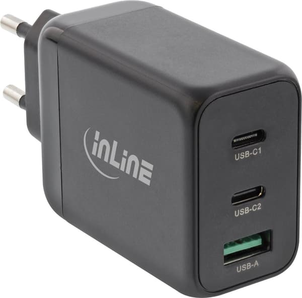InLine USB PD-strömförsörjning - GaN-laddare - 3-portar - Dual USB-C + USB-A - 65W (31506F)
