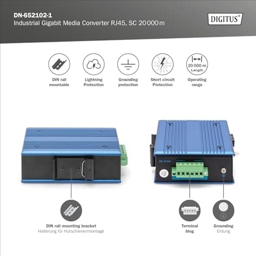 DIGITUS industriel Gigabit mediekonverter - 1x RJ45, 1x SC-Duplex 1310nm - single-mode fiber - 20 km rækkevidde - 10/100/1000 Mbps - DIN-skinnemonteri