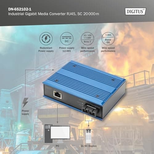 DIGITUS industriel Gigabit mediekonverter - 1x RJ45, 1x SC-Duplex 1310nm - single-mode fiber - 20 km rækkevidde - 10/100/1000 Mbps - DIN-skinnemonteri