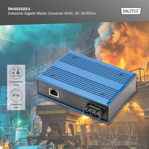 DIGITUS industriel Gigabit mediekonverter - 1x RJ45, 1x SC-Duplex 1310nm - single-mode fiber - 20 km rækkevidde - 10/100/1000 Mbps - DIN-skinnemonteri