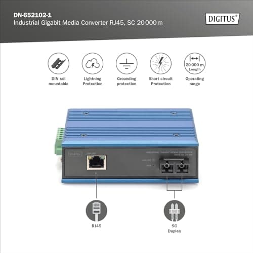 DIGITUS industriel Gigabit mediekonverter - 1x RJ45, 1x SC-Duplex 1310nm - single-mode fiber - 20 km rækkevidde - 10/100/1000 Mbps - DIN-skinnemonteri