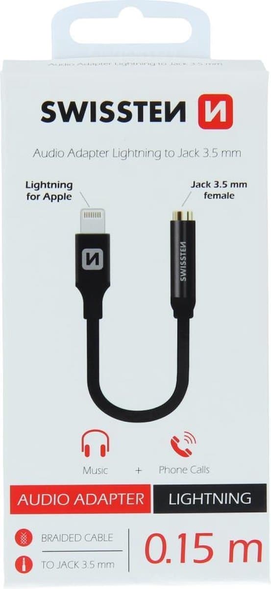Swissten Audio Adapter, Lightning to Jack 3,5 mm, 0,15 m, svart, blister (73501211)
