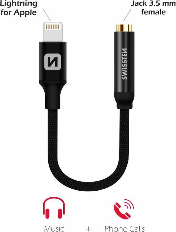 Swissten Audio Adapter, Lightning to Jack 3,5 mm, 0,15 m, svart, blister (73501211)