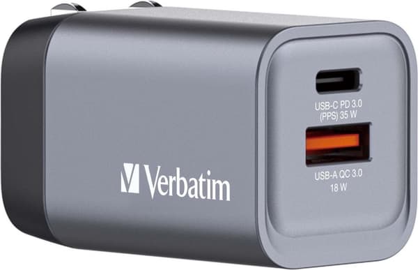 Verbatim GNC-35 GaN Oplader 2 porte 35 W USB A/C Sort, Grå