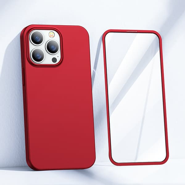 Suojakuori iPhone 13 Pro Maxille, taka- ja etukansi + karkaistu lasi, punainen