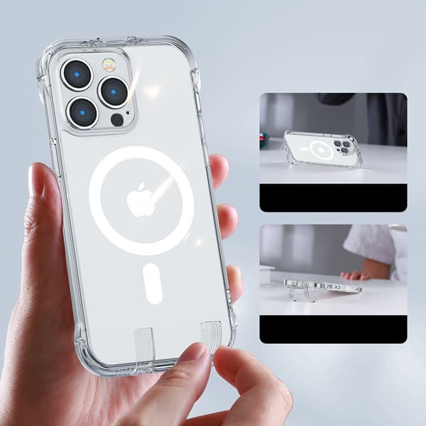 Magneettinen kotelo iPhone 14 Pro Maxille, panssaroitu kansi koukuilla ja läpinäkyvä jalusta