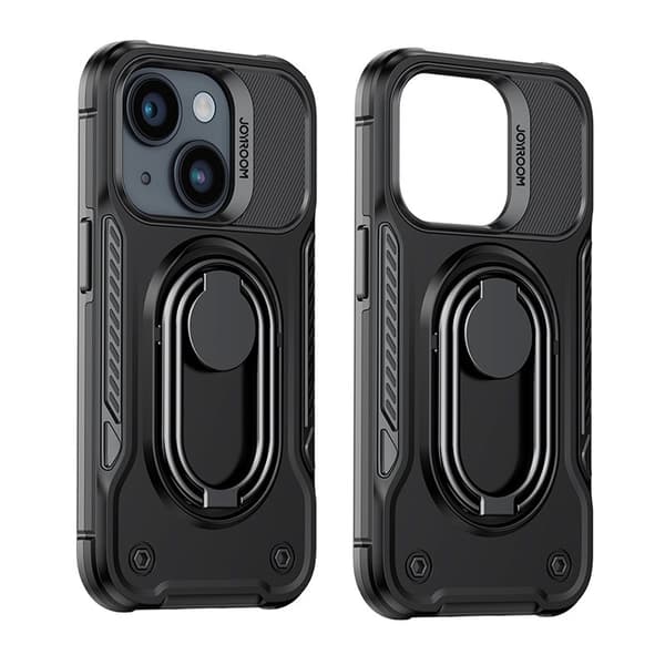 Taske til iPhone 14 Plus, pansret cover med stativ og ringholder, sort