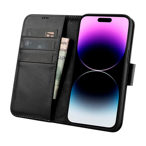 2-i-1 læder Flip Cover iPhone 14 Pro Anti-RFID pung etui Sort
