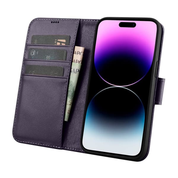 2-i-1 læder Flip Cover iPhone 14 Pro Anti-RFID pung etui Mørk lilla