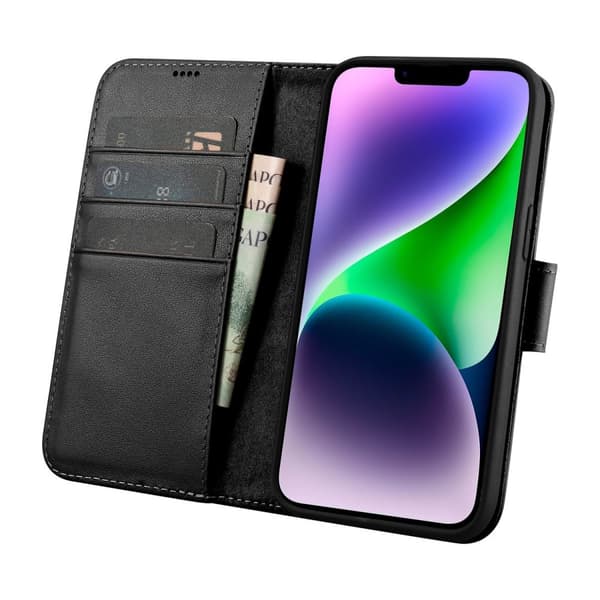 2-i-1 læder Flip Cover iPhone 14 Plus Anti-RFID pung etui Sort