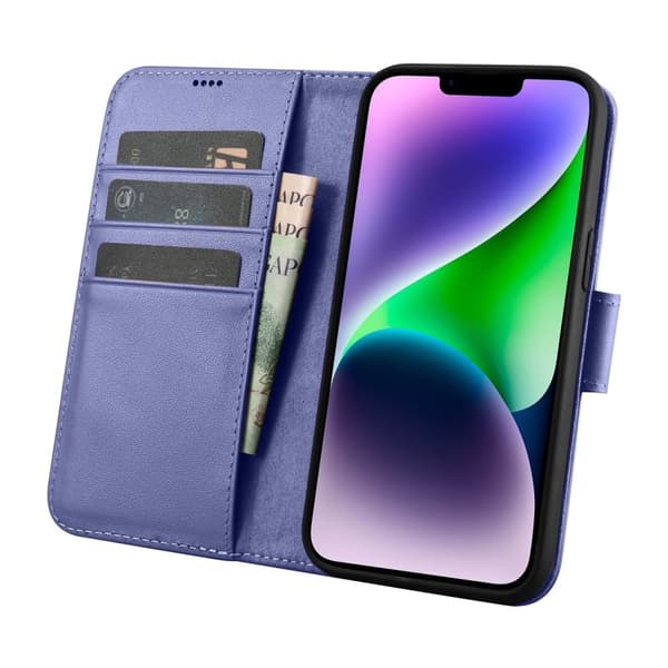 2-i-1 læder Flip Cover iPhone 14 Plus Anti-RFID pung etui Lys lilla