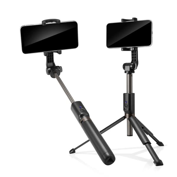 2i1 Teleskopisk Selfie Stick med fjernbetjening og stativ, sort telefonholder