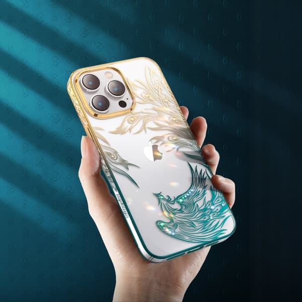 Ylellinen iPhone 14 -kuori, jossa Phoenix-sarjan kristalleja, kultaa ja sinistä