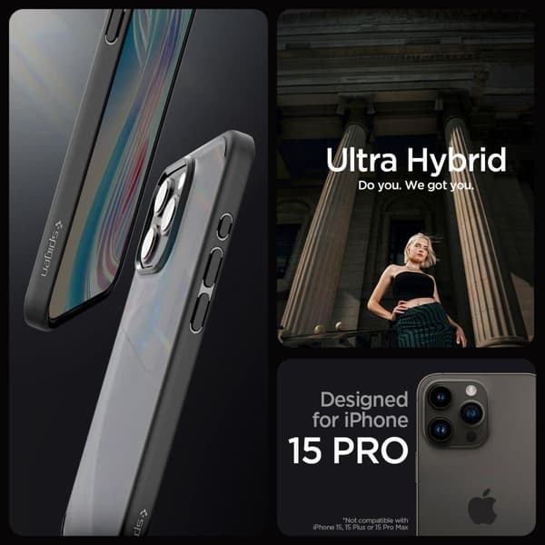 Ultra Hybrid -kuori iPhone 15 Prolle, läpinäkyvä ja musta