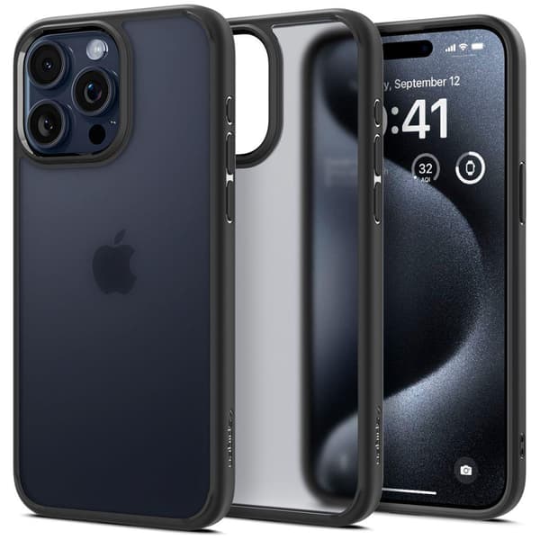Ultra Hybrid -kuori iPhone 15 Prolle, läpinäkyvä ja musta