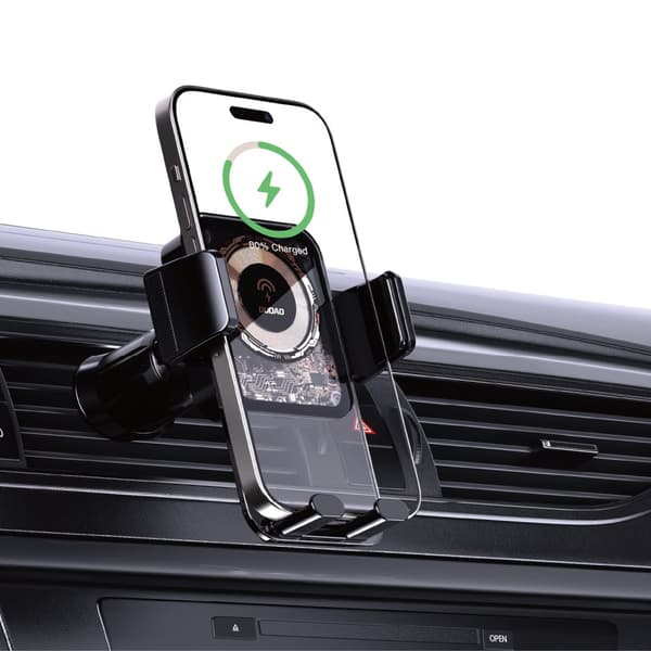 F19 spændebilholder til telefon med 15W induktiv oplader, sort