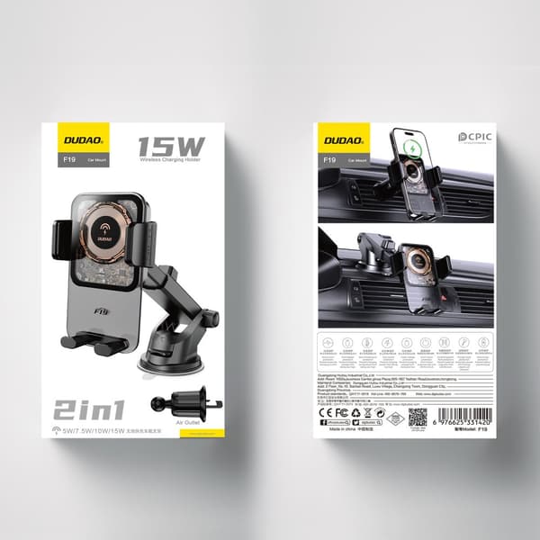F19 spændebilholder til telefon med 15W induktiv oplader, sort