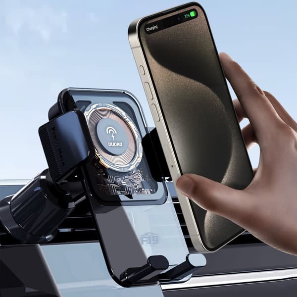 F19 spændebilholder til telefon med 15W induktiv oplader, sort