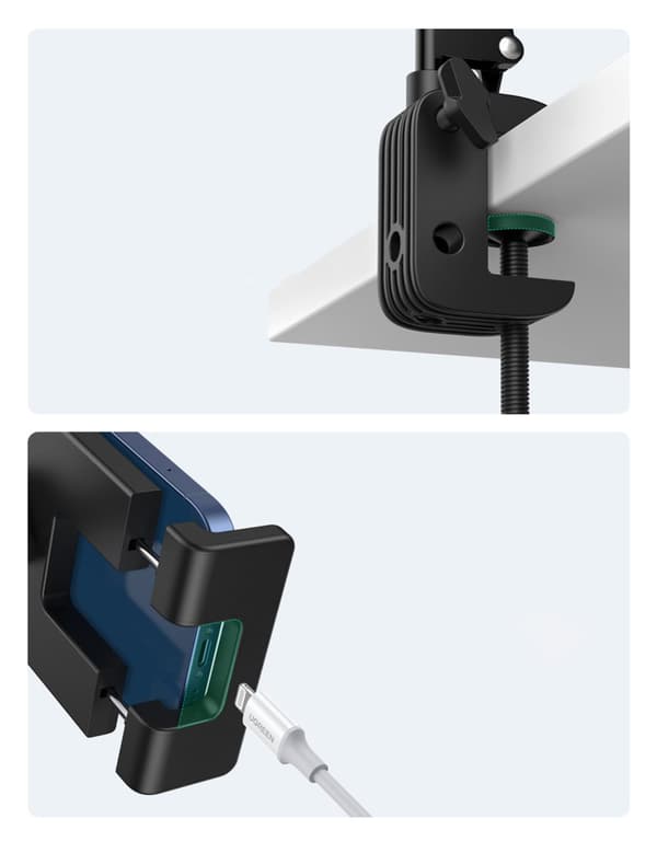 Stativholder, foldbar arm til skrivebord, bord, telefon, tablet, sort og grå