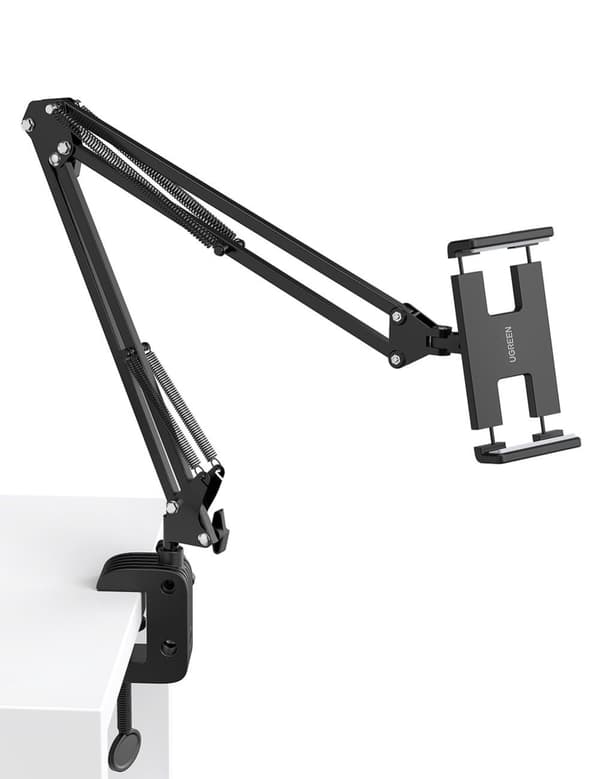 Stativholder, foldbar arm til skrivebord, bord, telefon, tablet, sort og grå Sort