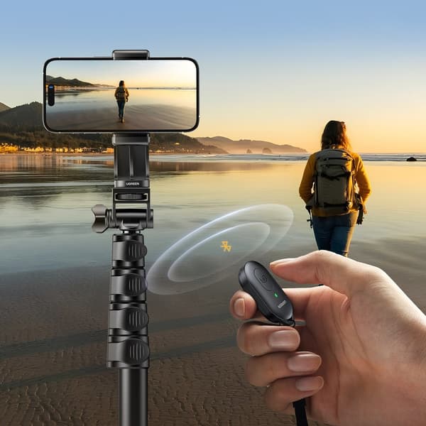 Selfiesticka med stativ och Bluetooth-fjärrkontroll, lång selfiestick 1,8m, svart