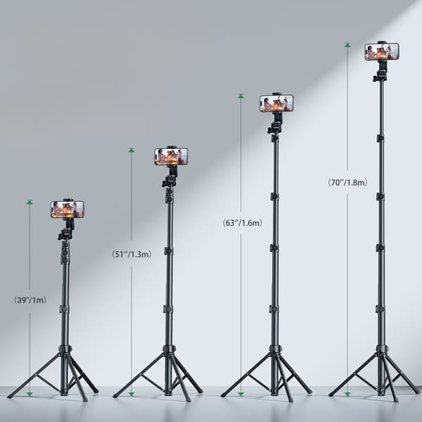 Selfiesticka med stativ och Bluetooth-fjärrkontroll, lång selfiestick 1,8m, svart