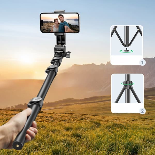 Selfiesticka med stativ och Bluetooth-fjärrkontroll, lång selfiestick 1,8m, svart