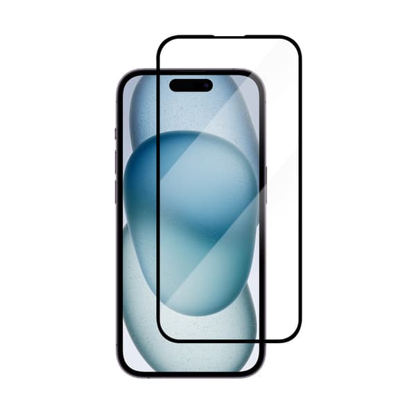 Karkaistu suojakalvo mustalla kehyksellä iPhone 15:lle