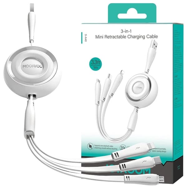 Joyroom S-A40 Colorful Series 3-i-1 uttrekkbar kabel USB-A-USB-C / Lightning / microUSB 1m - hvit