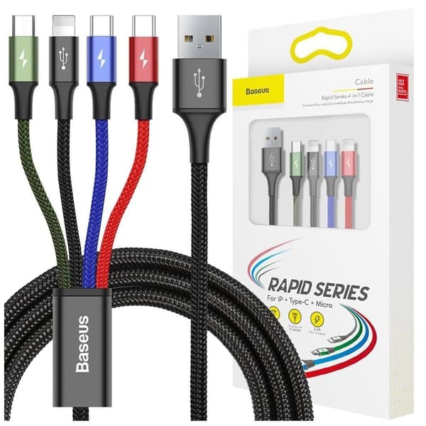 Baseus-kabel USB-kabel 4-i-1 Lightning / 2x USB Type C / mikro USB nylonflette 3,5A 1,2m svart (CA1T4-B01)