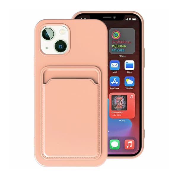 iPhone 15 Mobilskal Silikon med Korthållare - Rosa