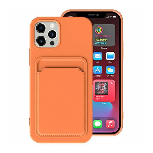 iPhone 15 Pro Mobilskal Silikon med Korthållare - Orange