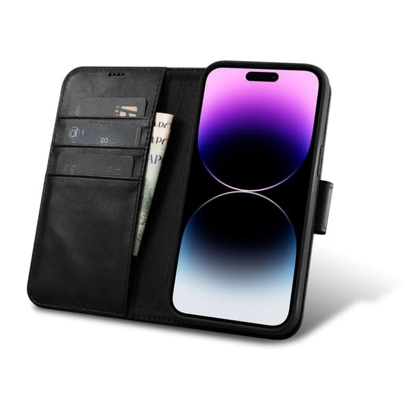 2-i-1 etui Læder Flip Cover iPhone 14 Pro Anti-RFID Oil Wax Wallet Cover Sort