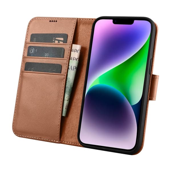 2-i-1 læder Flip Cover iPhone 14 Plus Anti-RFID pung etui Brun
