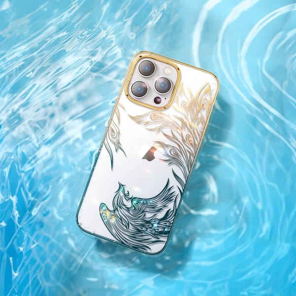 Luksuriøst iPhone 14 Plus cover med Phoenix Series krystaller, guld og blå