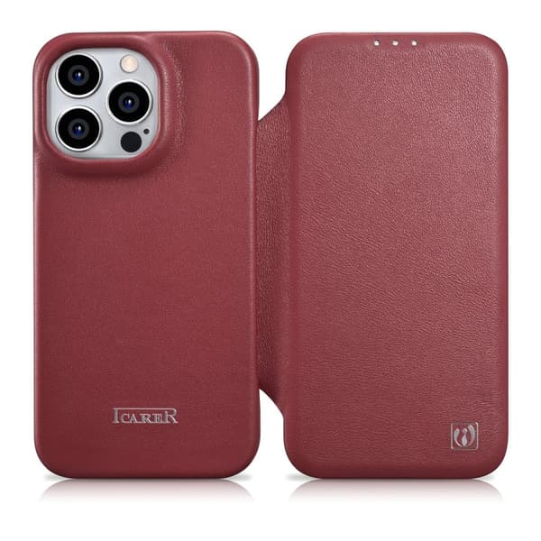 Läderfodral för iPhone 14 Pro med magnetisk flik MagSafe CE Premium Läder vinröd