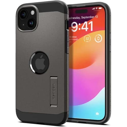 Tough Armour MagSafe cover med stativ til iPhone 15 Plus, metallisk grå