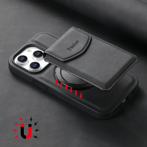 Kunstlærveske med magnetisk kortholder for iPhone 15 med avtakbart feste - Svart