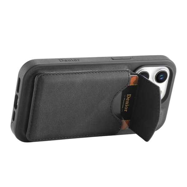 Kunstlærveske med magnetisk kortholder for iPhone 15 med avtakbart feste - Svart