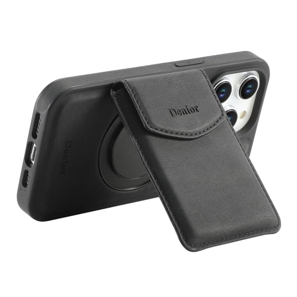Kunstlærveske med magnetisk kortholder for iPhone 15 med avtakbart feste - Svart