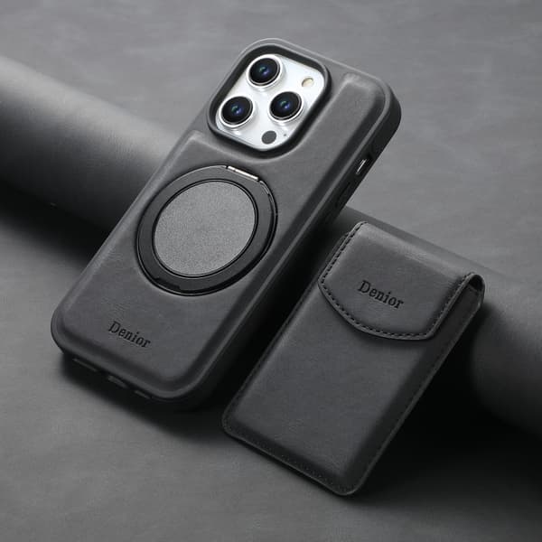 Kunstlærveske med magnetisk kortholder for iPhone 15 med avtakbart feste - Svart