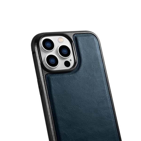 Cover betrukket med naturligt læder til iPhone 14 Pro Læderolievoks, marineblå