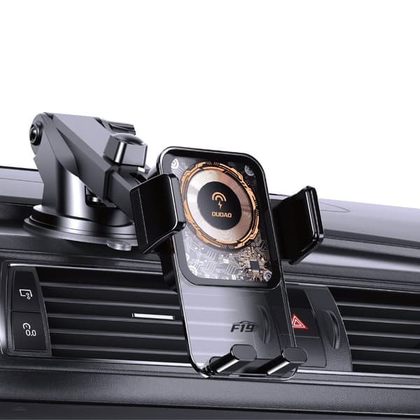 F19 kiinnitysautoteline puhelimelle 15W induktiivisella laturilla, musta