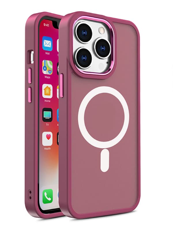Magneettinen kotelo MagSafella iPhone 15 Plus:lle, viininpunaiset kaulanauhareiät