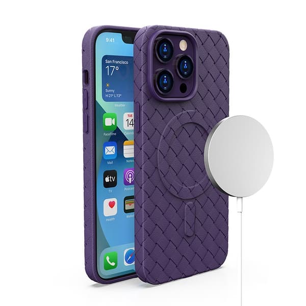 Punottu kotelo iPhone 15:lle MagSafe Woven Case -kuorella, violetti