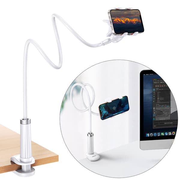 Universal holderstativ til telefon, tablet, stativ med fleksibel arm, hvid Hvid